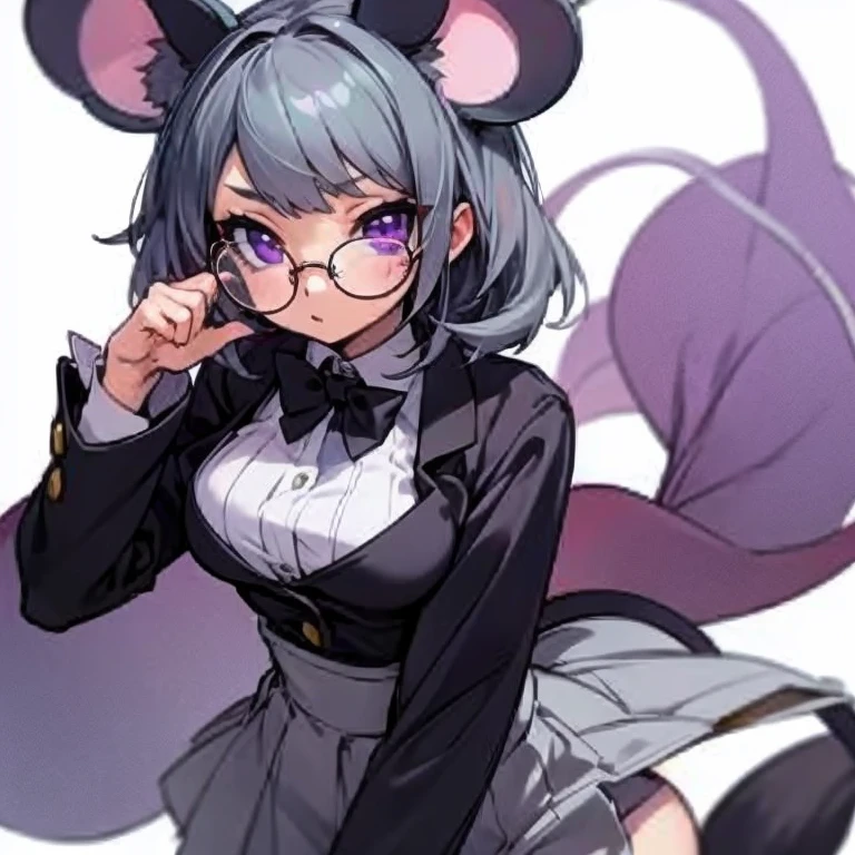 Masterpiece, best quality, expressive eyes, perfect face, 1girl, solo, animal ears, mouse ears, tail, mouse tail, grey hair, substitute_teacher, clothes, glasses, purple eyes