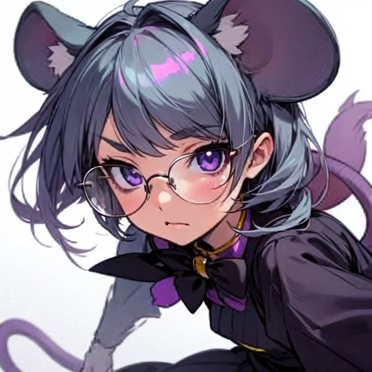 Masterpiece, best quality, expressive eyes, perfect face, 1girl, solo, animal ears, mouse ears, tail, mouse tail, grey hair, substitute_teacher, clothes, glasses, purple eyes