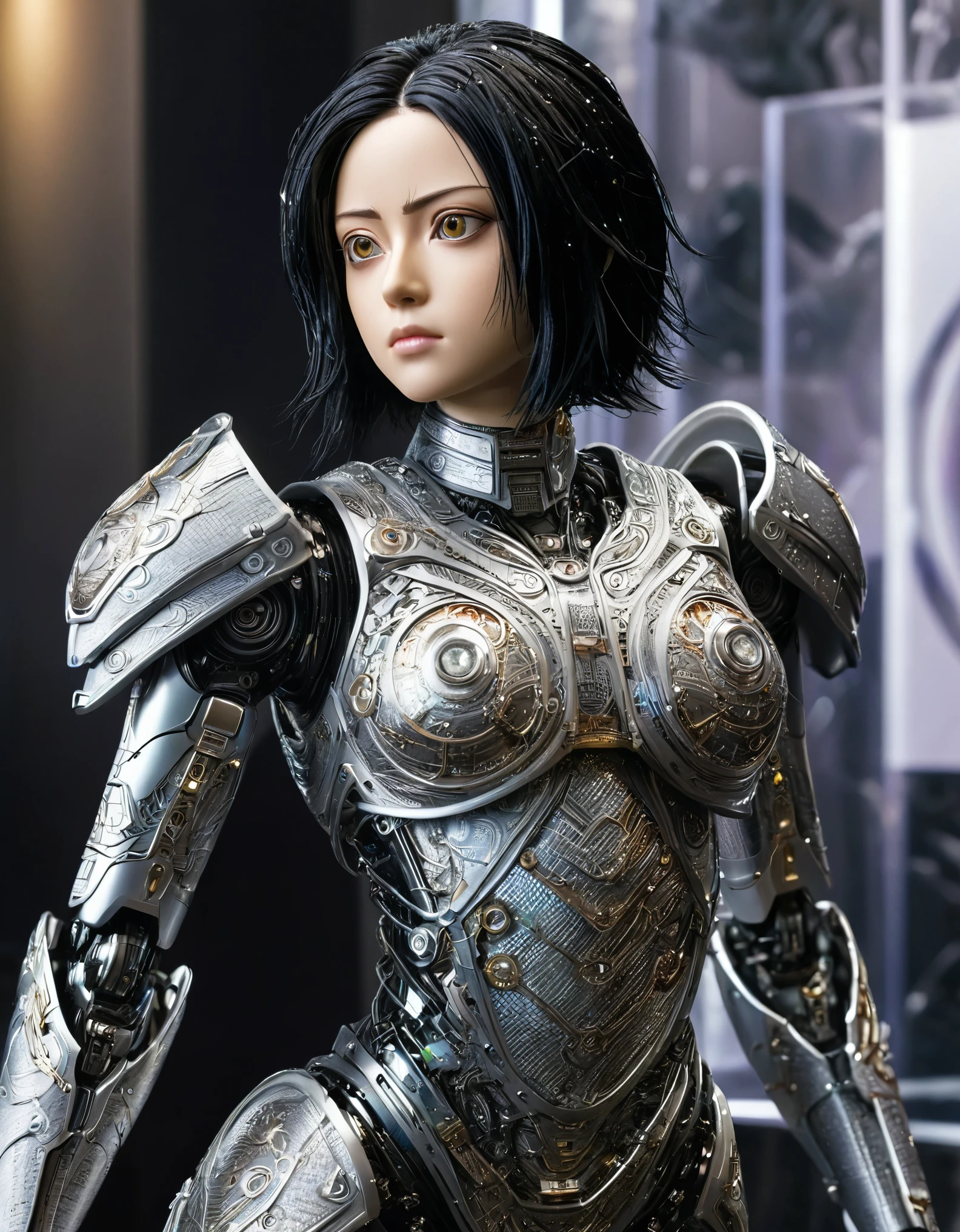 Japanese robot made of ornamental material like alita battle angel. Very detailed, award winning photography,close-up,diamond armor