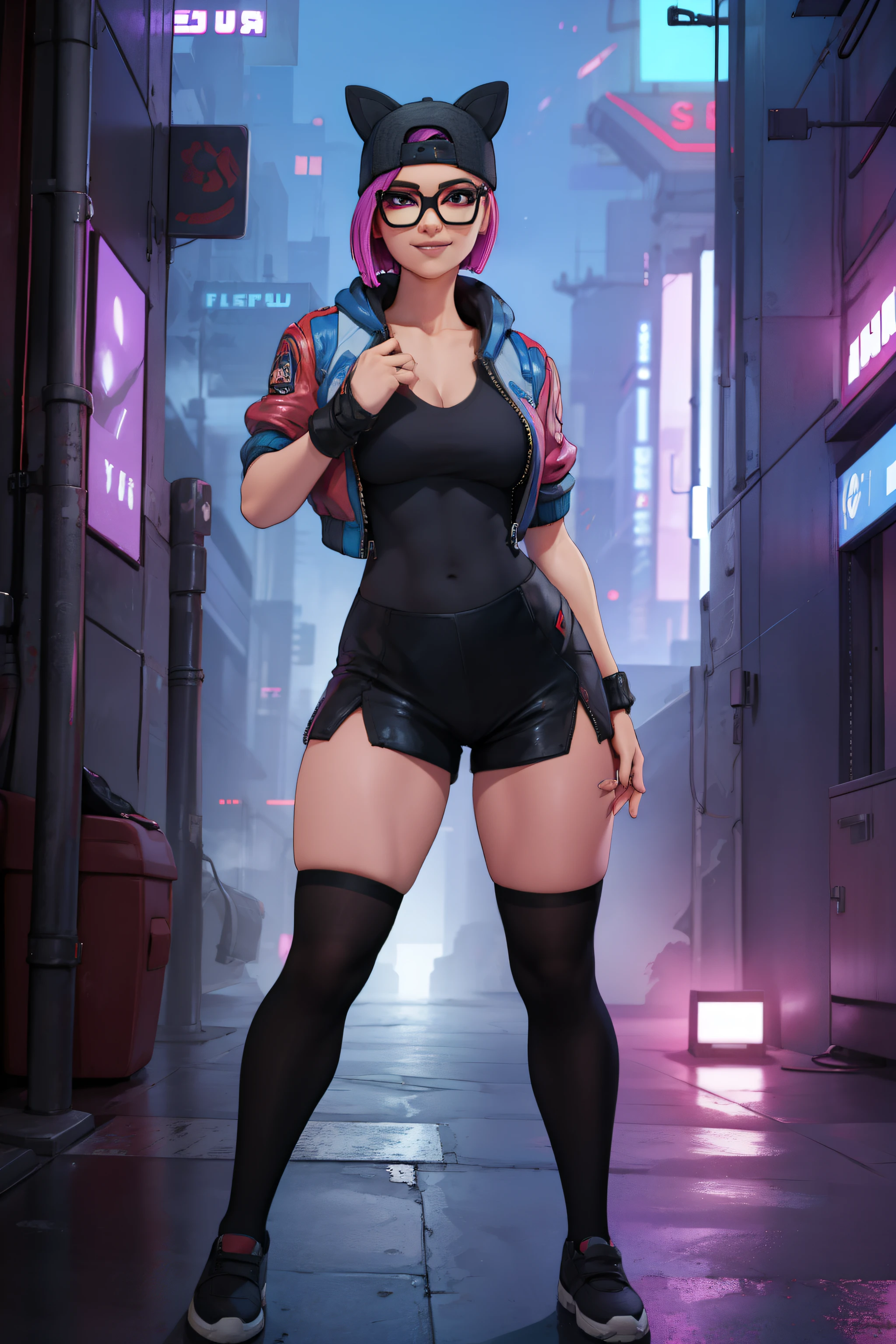 (masterpiece), (best quality), standing, (solo), looking at viewer, cyberpunk, high detailed,extremely detailed,shorts with black stockings, fine eyes, smile,dynamic pose, short pink hair,cap,loose black v neck t shirt, jacket black,fingerless glove,glasses.