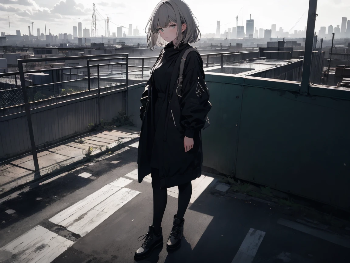 masterpiece, highest quality, High resolution, One Girl, alone, bangs， Faded tones, Monochrome, Cool girl, 長いbangs, hipster, Gray Hair, Full Body Shot, Monochrome, Detailed face, Beautiful Eyes, black, green, Large blurry background, Rooftop at dawn,  Looking out over the fence