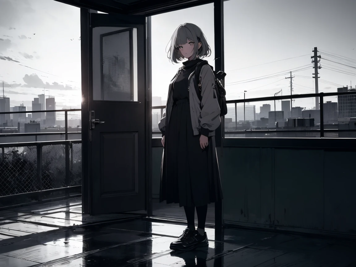 masterpiece, highest quality, High resolution, One Girl, alone, bangs， Faded tones, Monochrome, Cool girl, 長いbangs, hipster, Gray Hair, Full Body Shot, Monochrome, Detailed face, Beautiful Eyes, black, green, Large blurry background, Rooftop at dawn,  Looking out over the fence