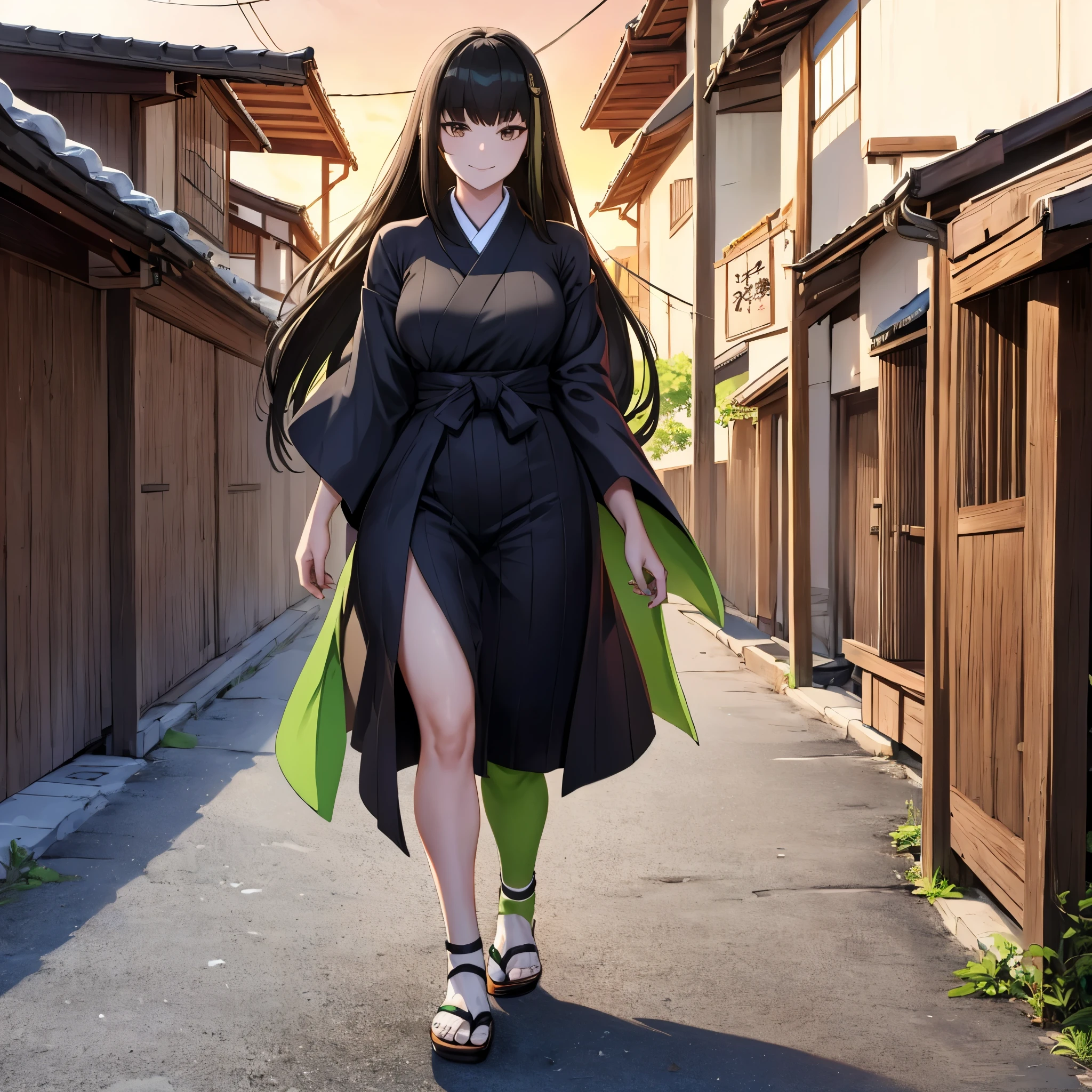 a woman wearing a black yukata with green details, white socks, traditional Japanese slippers, black fur cape, gold and green accessories in her hair, long black hair with green bangs, brown eyes, walking on a sidewalk in a traditional Japanese town in the sunset sun, smiling, full body, traditional Japanese lamp illuminating the place, (solo woman) ultra resolution, bloom, very detailed, perfect texture, high quality, hdr, 8k, masterpiece
