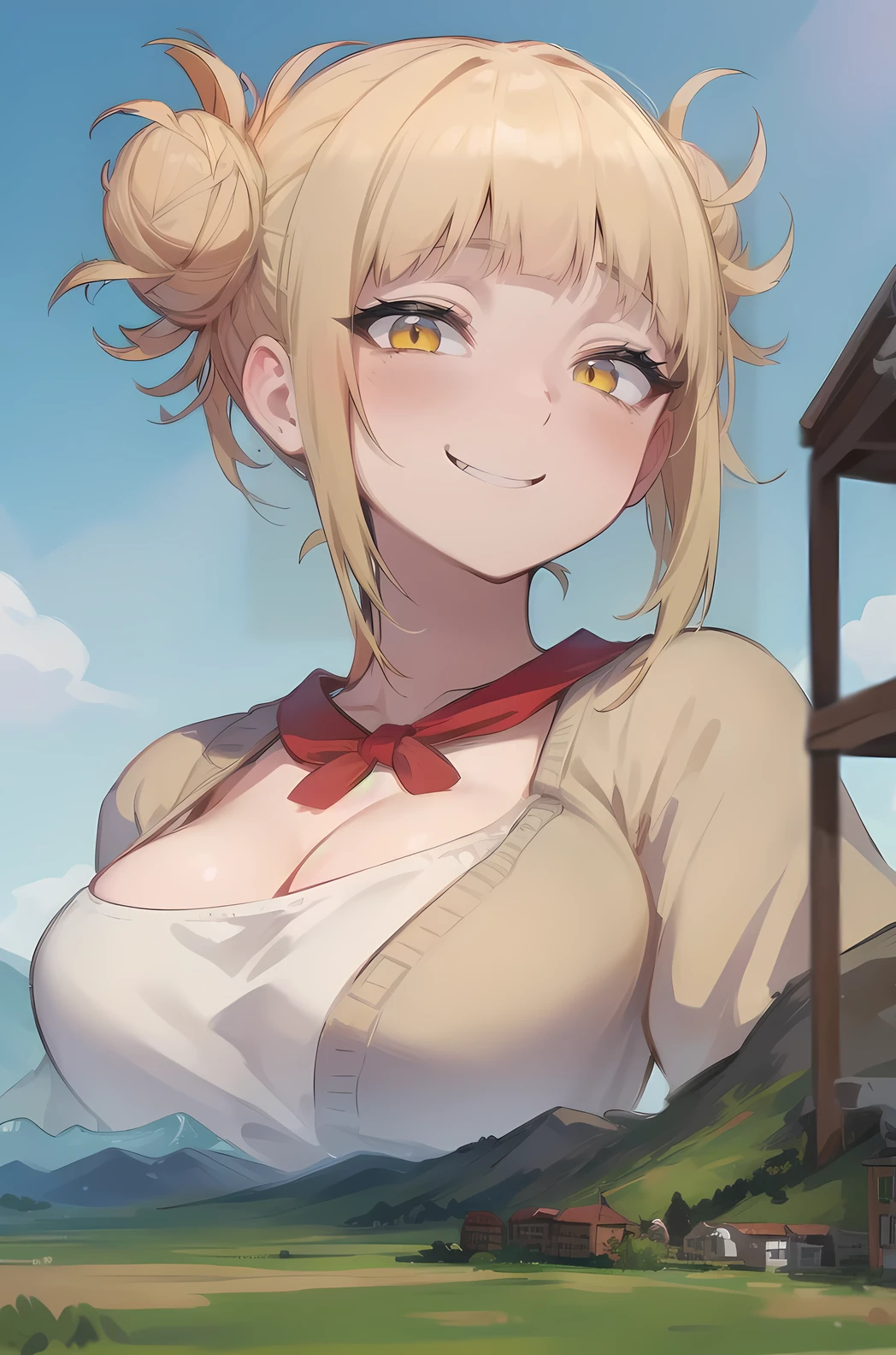 giantess, a tiny cityscape on a table below a giantess breasts and face, a giantess looming over a tiny cityscape from sky view, from below view, (simple background: 1.1), (store background: 1.2), (small ite), cleavage, (looking down), toga himiko, blonde hair, hair buns, messy hair, yellow eyes, (behind glass: 1.1), hands against glass, (looking straight down), (cityscape from sky view on a platform: 1.3), hills, cliffs, mountains, (crowds of people on ground: 1.3)