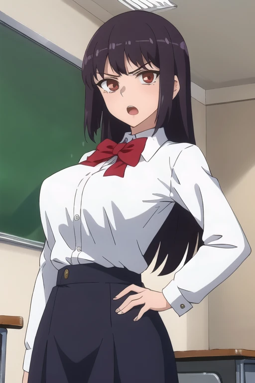 ((best quality)),((highly detailed)),masterpiece,absurdres,detailed face,beautiful face,(detailed eyes, deep eyes),1girl,((dynamic pose)), sana, purple hair, long hair, solo, red eyes, , open mouth, bow, large breasts, chalkboard, classroom, cowboy shot, school, indoors, hand on hip, desk, shirt, angry, looking at viewer, dress shirt