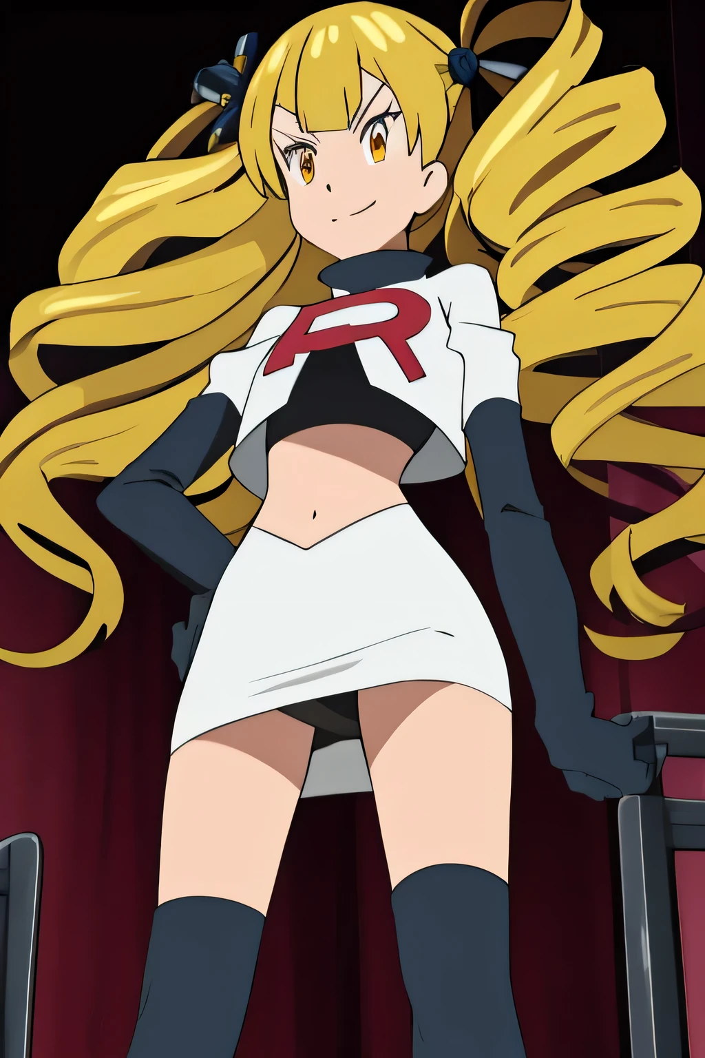 masterpiece,best quality,high res,high quality,8k, masterpiece,highres, team rocket uniform, red letter r, white skirt,white crop top,black thigh-high boots, black elbow gloves, evil smile, looking down at viewer, hands on hips, cowboy shot, zettai ryouiki,spread legs,from below, black panties,anime style, vivid colors, sharp focus, intense lighting,Mariabell Crois,yellow hair, drill hair, twin drills, (long hair:1.1), very long hair,, hair ornament, orange eyes