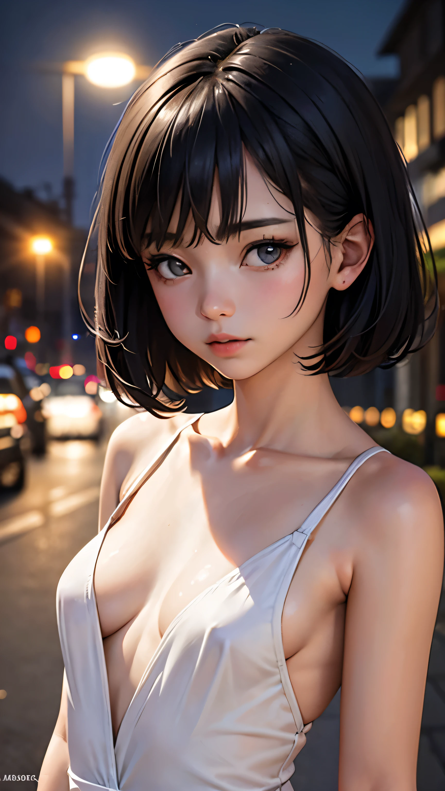 (Half Body Shot,Street lamp,moon),masterpiece, One girl, Solo Exhibitions, Beautiful woman with small breasts, Night beach, Beautiful Goddess Girl Portrait, Beautiful and elaborate face, Porcelain-like skin, (((Bust Shot, center, night, Black Hair, short hair)), Very soft lighting, Full Shot,Symmetric, complicated, grace, Attention to detail, realism, art, concept art,White clothes