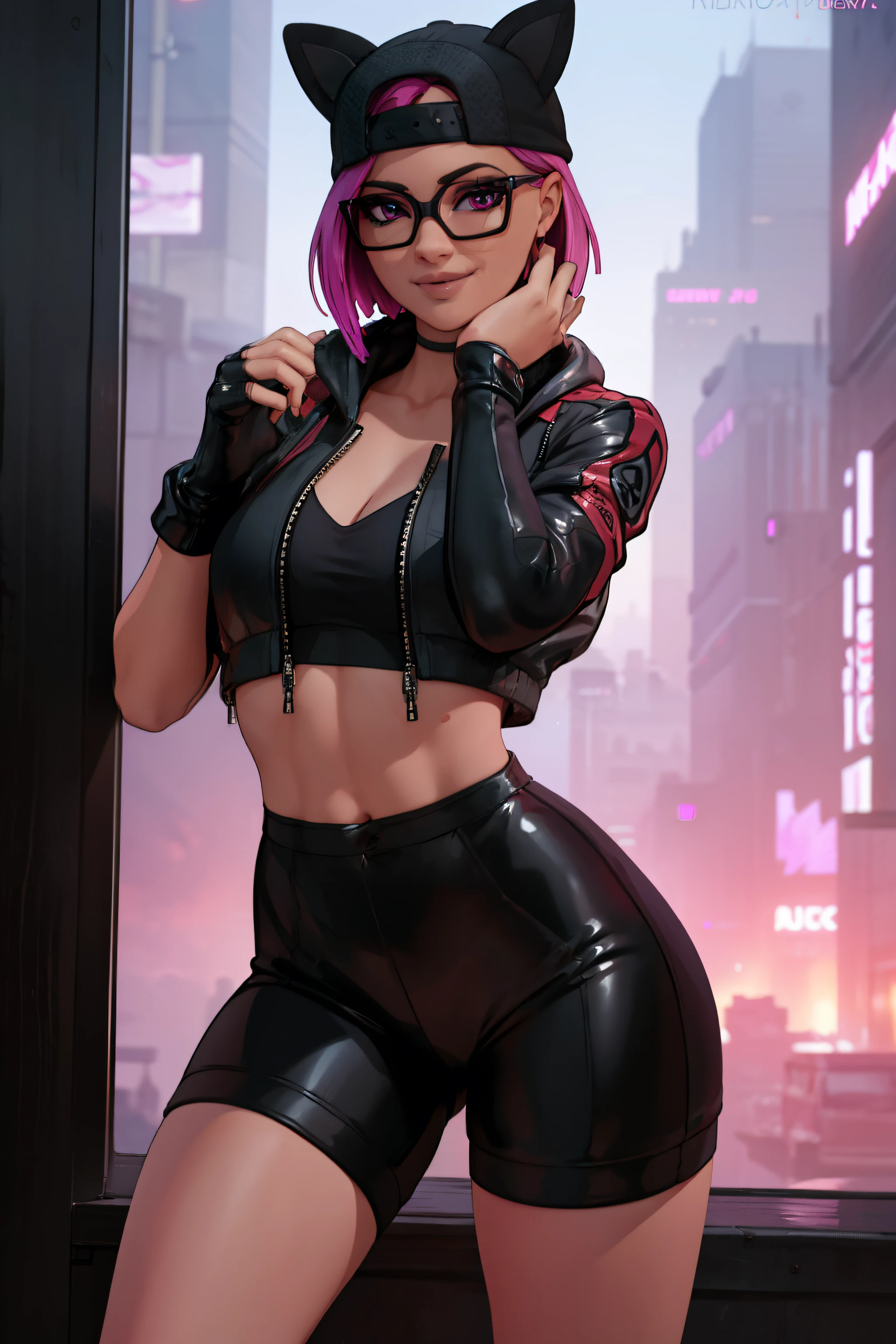 (masterpiece), (best quality), standing, (solo), looking at viewer, cyberpunk, high detailed,extremely detailed, fine eyes, smile,dynamic pose, short pink hair,cap,loose black v neck t shirt, jacket black,fingerless glove,glasses, shots latex 