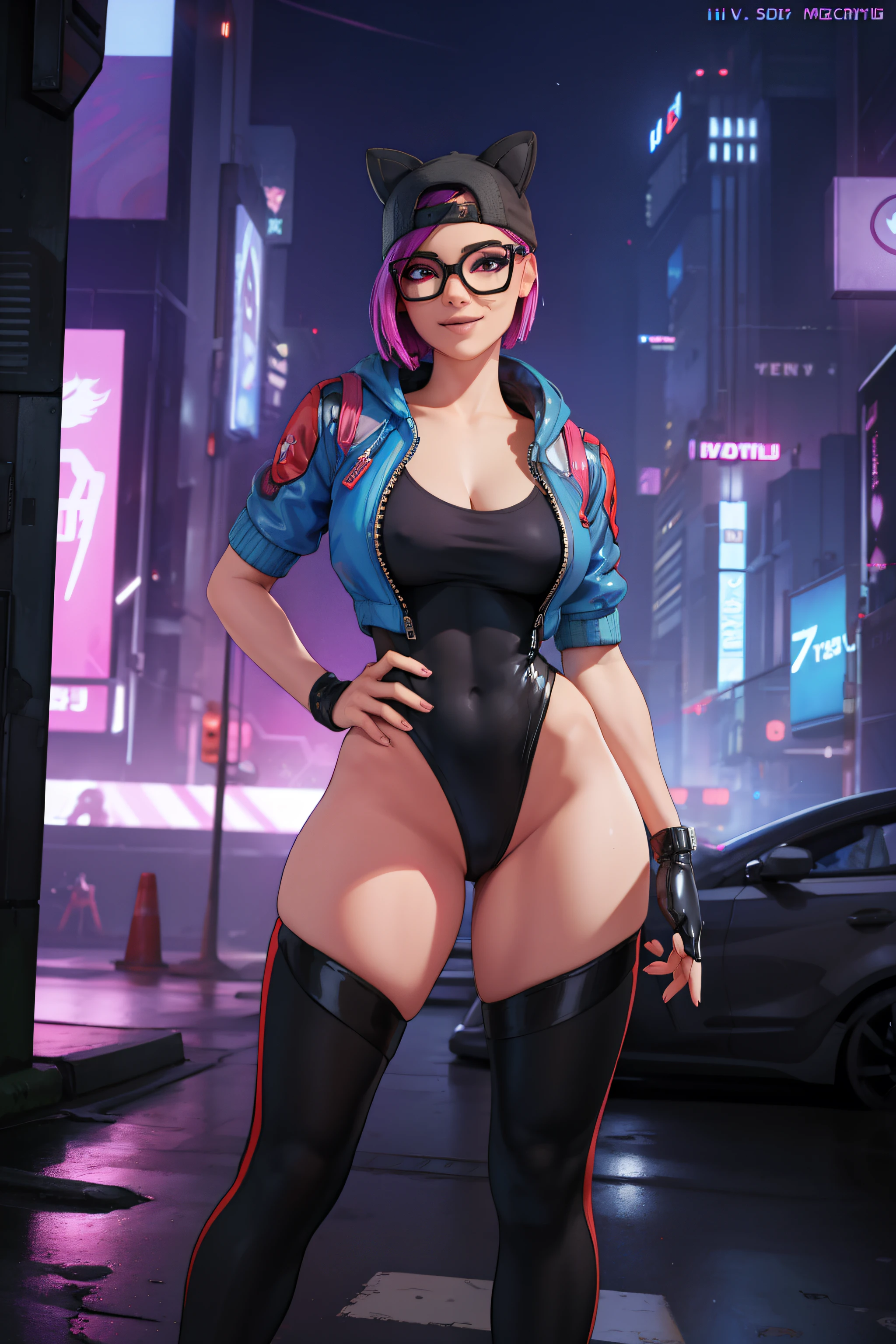 (masterpiece), (best quality), standing, (solo), looking at viewer, cyberpunk, high detailed,extremely detailed, fine eyes, smile,dynamic pose, short pink hair,cap,loose black v neck t shirt, jacket black,fingerless glove,glasses, shots latex 