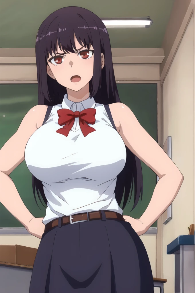 ((best quality)),((highly detailed)),masterpiece,absurdres,detailed face,beautiful face,(detailed eyes, deep eyes),1girl,((dynamic pose)),  sana, purple hair, long hair, solo, red eyes, , open mouth, bow, large breasts, chalkboard, classroom, cowboy shot, school, indoors, hand on hip, desk,, angry, looking at viewer, wearing white tanktop