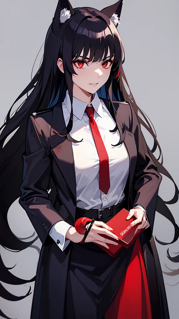 a woman who looks beautiful and elegant, her dark red eyes look cool and her hair is black in a wolf cut style, she wears a black uniform and grins slightly at the camera, and with plain background 