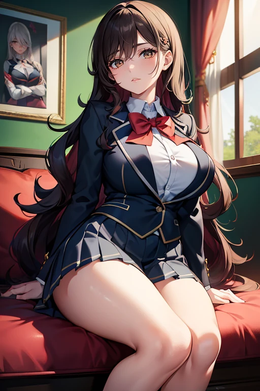 ( Ultra Masterpiece, Best quality, 8k ), Detailed Face + eyes, beautiful eyes, (Absurdres), (Anime), (Skindentation), (Best shadow), ((Anime)), /(Hiyakasudere face)/, /(Hiyakasudere looks)/, (Perfect face)+, (seductive beauty)+, (Gyaru), Huge breasts, Very curvy, (dark hair), ( hair covering one eye ), Long hair, wavy hair, Beautiful hairstyle, (green eyes), Full lips, ( face filled with happiness, provocative smirk ), ((beautiful character design)), At home, ( Intricate Clothes ), BREAK, Professional photo, ( Toned legs, Thick thighs ), Big breasts, Ray tracing, (Perfect face)+, Octane render, good looking , ((red) school uniform: 1.3), good-looking skirt, ((blue) pleated skirt: 1.2), skirt, open clothes, medium breasts, (Soft skin), (healthy body), 1 Female, ( bold and assertive pose ), (Very sexy+, Gorgeous woman++, young beautiful woman+), BREAK, ( Sitting down, Facing the viewer, looking away ), ((Hiyakasudere))+
