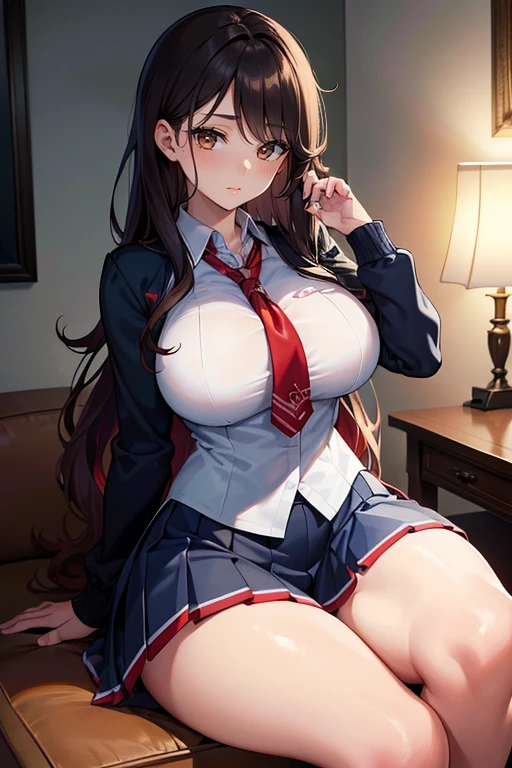 ( Ultra Masterpiece, Best quality, 8k ), Detailed Face + eyes, beautiful eyes, (Absurdres), (Anime), (Skindentation), (Best shadow), ((Anime)), /(Hiyakasudere face)/, /(Hiyakasudere looks)/, (Perfect face)+, (seductive beauty)+, (Gyaru), Huge breasts, Very curvy, (dark hair), ( hair covering one eye ), Long hair, wavy hair, Beautiful hairstyle, (green eyes), Full lips, ( face filled with happiness, provocative smirk ), ((beautiful character design)), At home, ( Intricate Clothes ), BREAK, Professional photo, ( Toned legs, Thick thighs ), Big breasts, Ray tracing, (Perfect face)+, Octane render, good looking , ((red) school uniform: 1.3), good-looking skirt, ((blue) pleated skirt: 1.2), skirt, open clothes, medium breasts, (Soft skin), (healthy body), 1 Female, ( bold and assertive pose ), (Very sexy+, Gorgeous woman++, young beautiful woman+), BREAK, ( Sitting down, Facing the viewer, looking away ), ((Hiyakasudere))+