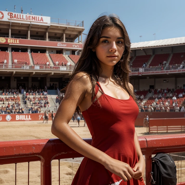 Photorealistic drawing of a young 16 year old Spanish girl named isabella, wearing a red summer dress cheering at the bull fight, looking at the arena. 