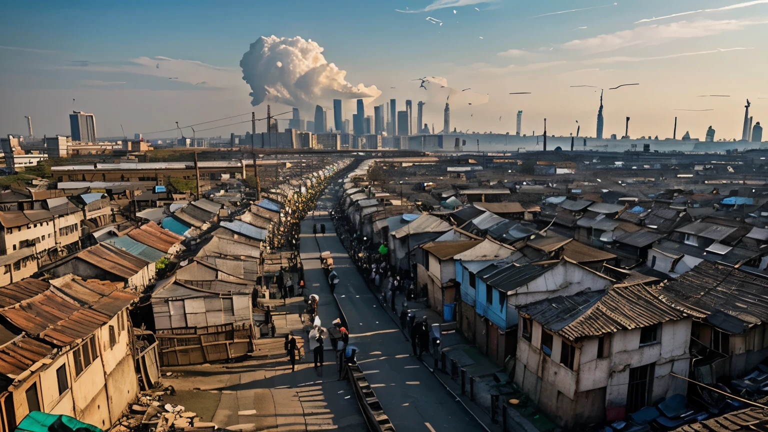 Under polluted skys, people of different race join hands in unity. They form a human chain that stretches as far as the eye can see. The city skyline is seen in the background and slums in foreground.