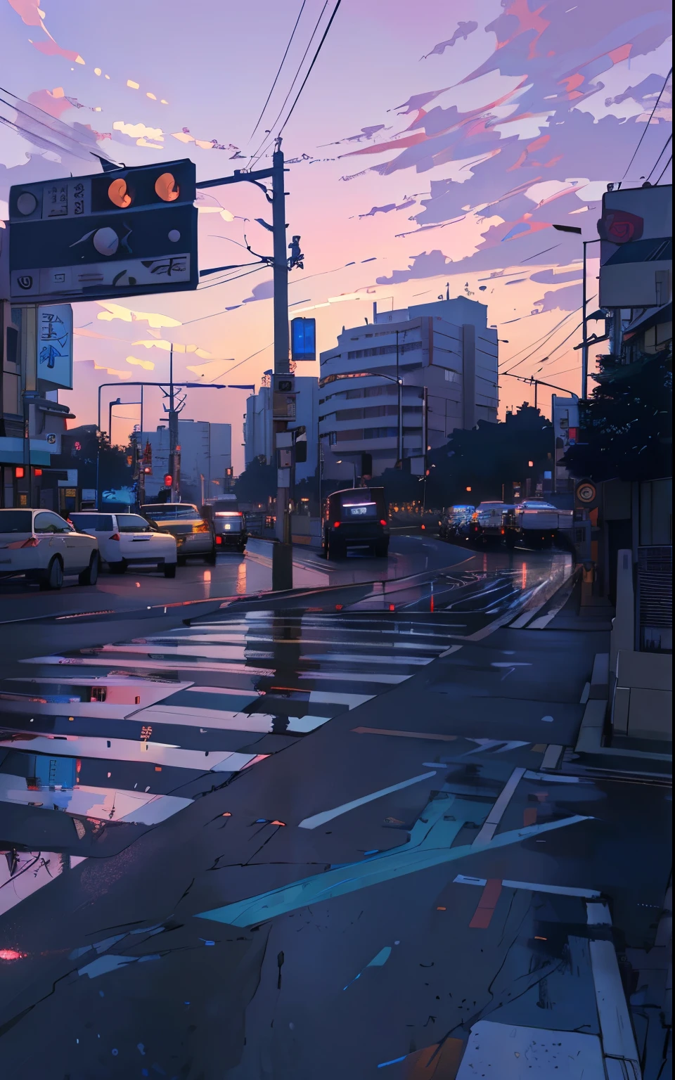 At dusk,Vehicles driving along a city street with traffic lights flashing, Tokyo anime scene, Anime style cityscape, alayna enami style, By Alena Enami, gloomy. author:Shinkai Makoto, Ilya Kuvshinov landscape, The Art of Alena Enami, Beautiful anime scene, Reflection. author:Shinkai Makoto, Ross Chen. Landscape Background