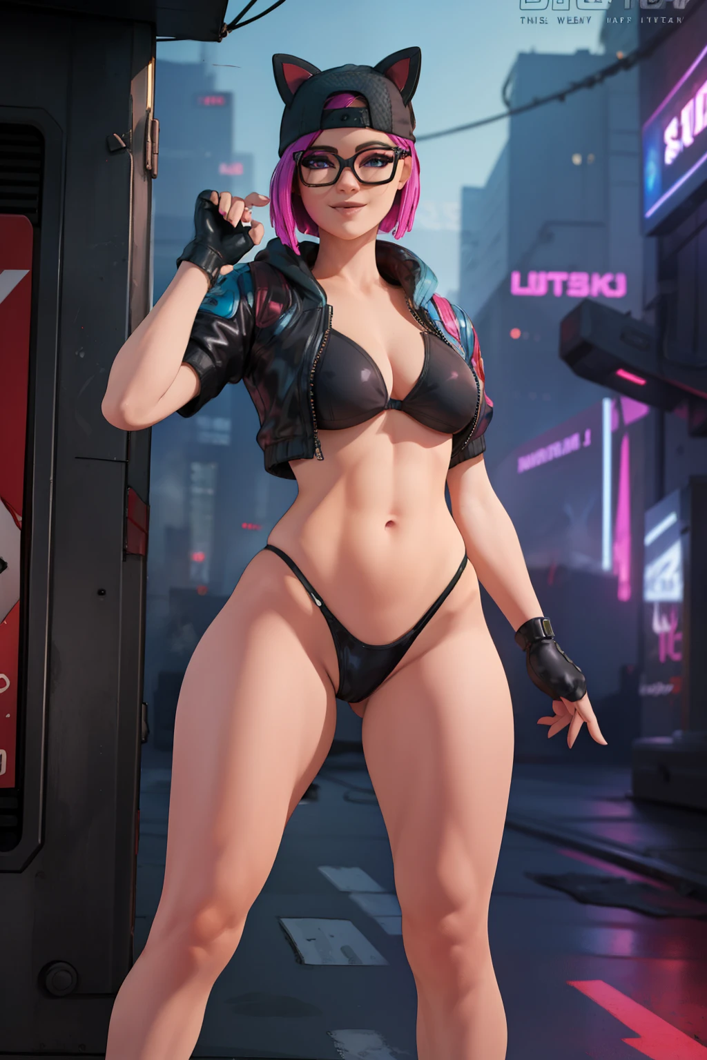 (masterpiece), (best quality), standing, (solo), looking at viewer, cyberpunk, high detailed,extremely detailed, fine eyes, smile,dynamic pose, short pink hair,cap,loose black v neck t shirt, jacket black,fingerless glove,glasses, bikini shots latex