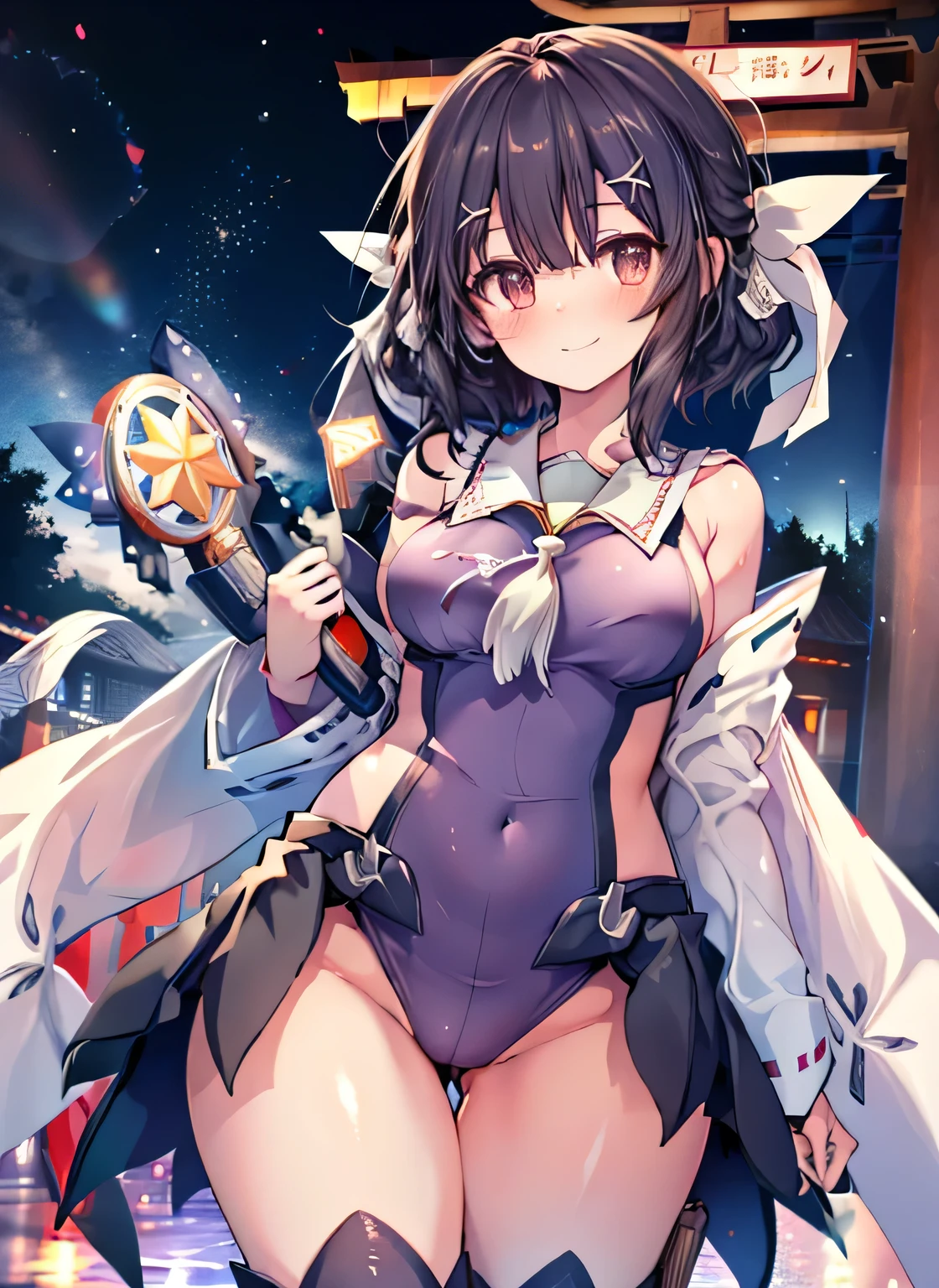 Anime illustration、highest quality、Reimu Hakurei、Perfect proportions、Large-scale shrine、Large Torii Gate、overwhelmingly big breasts、very thick thighs、Beautiful, shining eyes、Cowboy Shot、smile、Noise Reduction