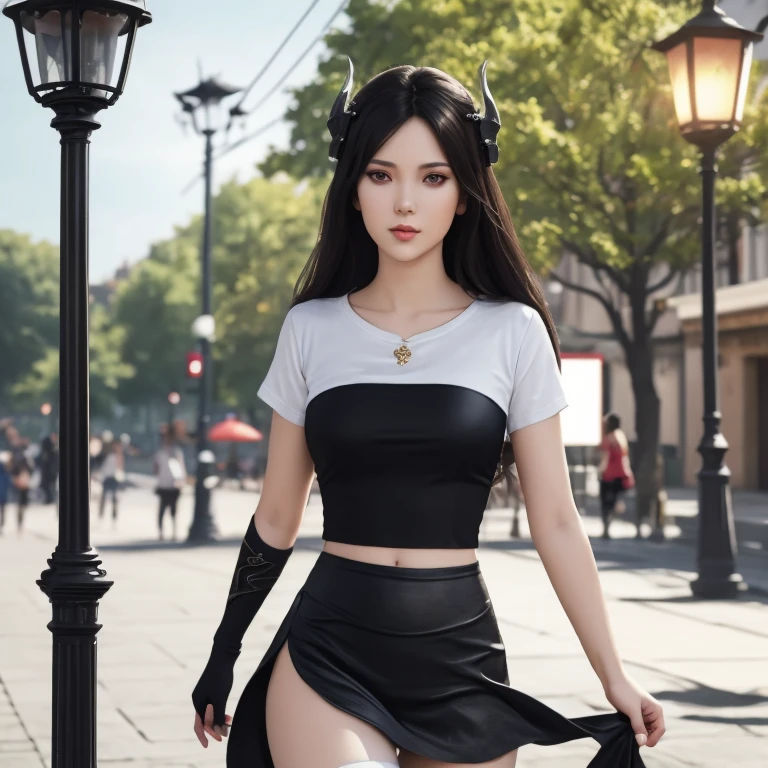 masterpiece, dream aesthetic, dream atmosphere, ultra realistic, 16k, best quality, absurdres, perfect anatomy, 1girl, brunette, voluminous silky hair, perfect eyes (intense look), pale-white skin (highlighted), realistic shading, solo, Caera, red eyes, t-shirt, black mini skirt, tights (realistic textures), pretty seductive, upper body, beautiful girl, happy, lamp, outdoors, street, lamppost, blurred background, cinematic, Photorealistic.