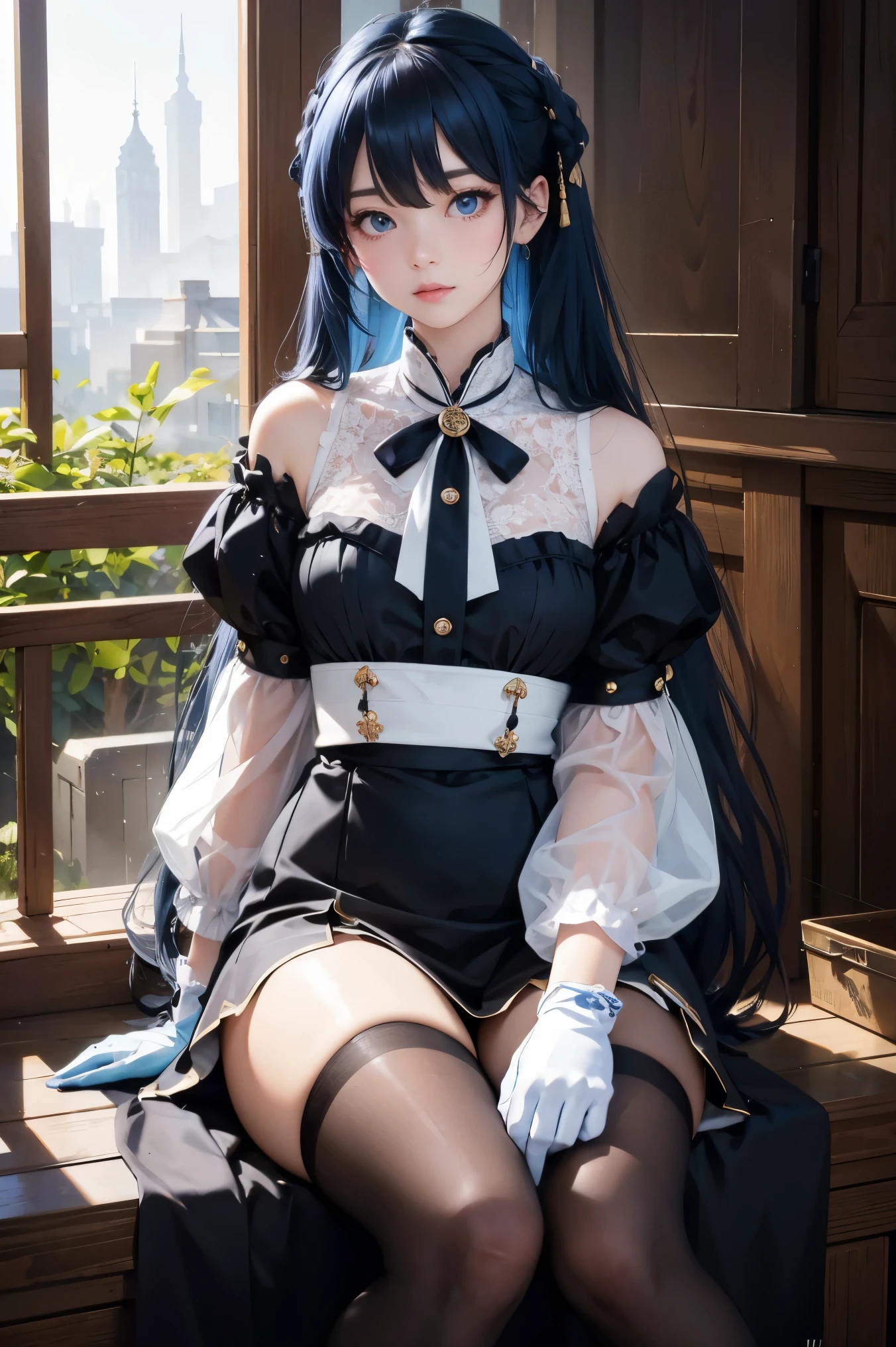 (Realism: 1.4), (representative work, side light, delicate and beautiful eyes: 1.2), representative work * portrait, lifelike, 3d face, genshin impact, 1 girl, ahoge, architecture, bangs, bells, black gloves, black pantyhose, (blue hair), powder blusher, Chinese knot, separated sleeves, knots, gloves, corners, long hair, looking at the audience, neck bell, outdoor