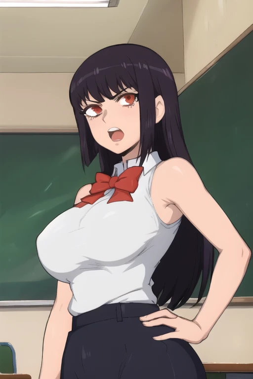 ((best quality)),((highly detailed)),masterpiece,absurdres,detailed face,beautiful face,(detailed eyes, deep eyes),1girl,((dynamic pose)), sana, purple hair, long hair, solo, red eyes, , open mouth, bow, large breasts, chalkboard, classroom, cowboy shot, school, indoors, hand on hip, desk,, angry, looking at viewer, wearing white tanktop