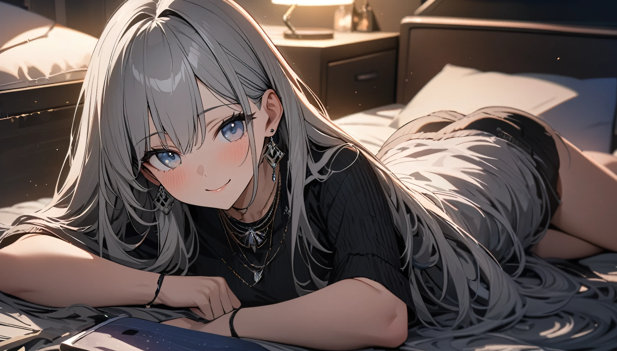 masterpiece, highest quality, Ultra-high resolution, Ultra-fine, 4K, 8k, highest quality, beautiful, Cute Woman, alone, (beautiful,Gray Hair, beautiful eyes, Long Hair, smile), Bedroom,Lie down,night,necklace, Earrings, accessories, bag, Great lighting,Excellent resolution,, Audio Notes,