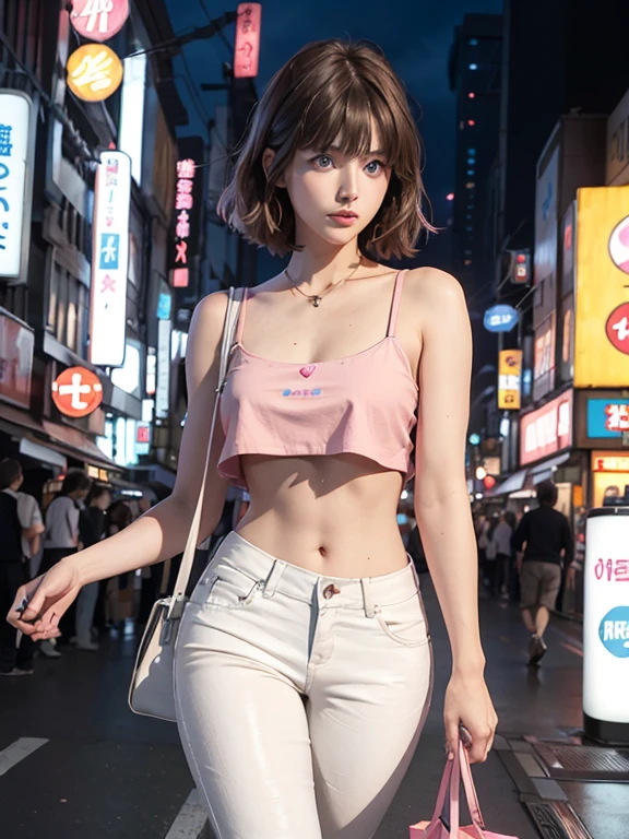 24 year old woman, short brown hair with bangs, big blue eyes, walking on tokyo neon lights at night, wearing pink crop top showing underboob, white long pants, holding a silver small bag