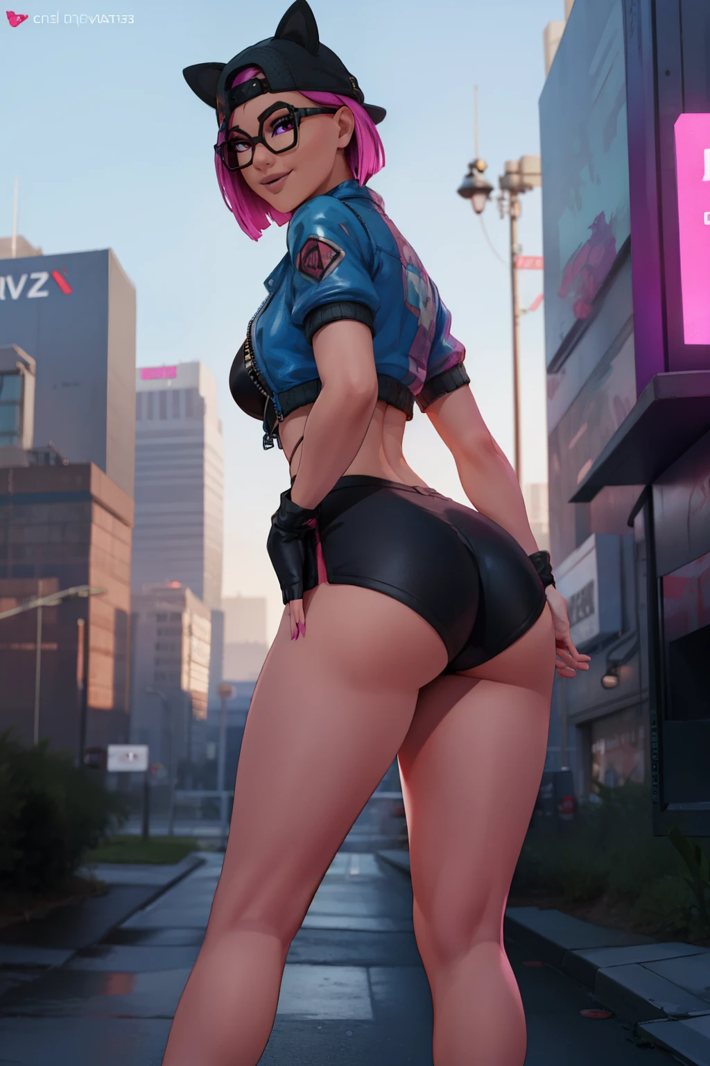 (masterpiece), (best quality), standing, (solo), looking back at the viewer, cyberpunk, high detailed,extremely detailed,shorts with black stockings,pink bikini, fine eyes, smile,dynamic pose, short pink hair,cap,loose black v neck t shirt, jacket black,fingerless glove,glasses.