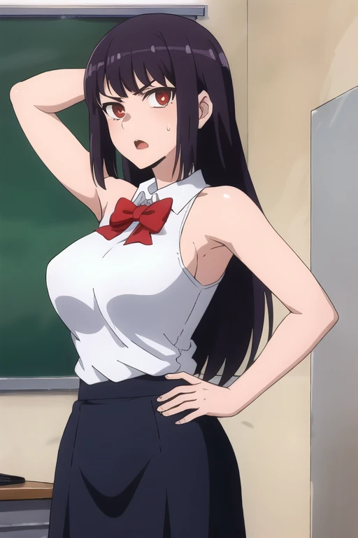 ((best quality)),((highly detailed)),masterpiece,absurdres,detailed face,beautiful face,(detailed eyes, deep eyes),1girl,((dynamic pose)), sana, purple hair, long hair, solo, red eyes, , open mouth, bow, large breasts, chalkboard, classroom, cowboy shot, school, indoors, hand on hip, desk,, angry, looking at viewer, wearing white tanktop, put your hands behind your head, armpits, armpits visible, sweaty armpits,