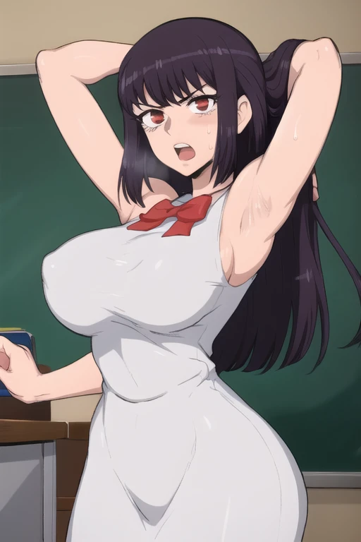 ((best quality)),((highly detailed)),masterpiece,absurdres,detailed face,beautiful face,(detailed eyes, deep eyes),1girl,((dynamic pose)), sana, purple hair, long hair, solo, red eyes, , open mouth, bow, large breasts, chalkboard, classroom, cowboy shot, school, indoors,desk, angry, looking at viewer, wearing white tanktop, put your hands behind your head, armpits, armpits visible, sweaty armpits,