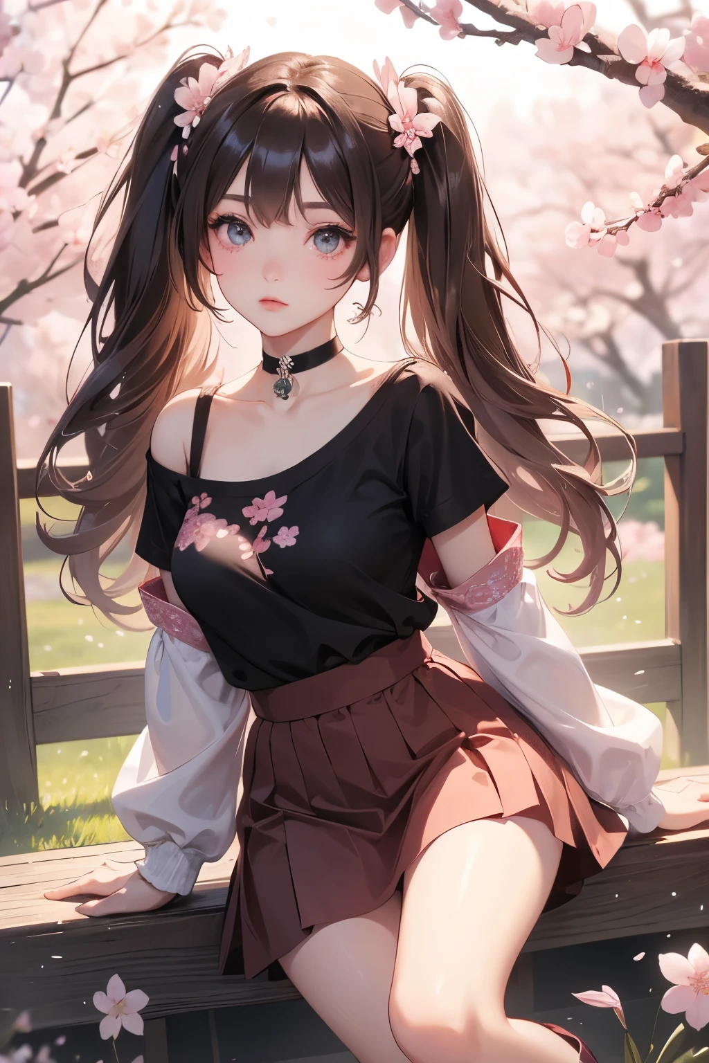 (high quality、high resolution、4k、8k)、One woman、Beautiful clavicle、Beautiful 、Delicate skin、Big eyes、Cherry Blossom Blush、Cherry blossom eyeshadow、Brown long twin tails、T-shirt、Black mini skirt、choker、Flower Hair Ornaments、Knee-high boots、Western Garden