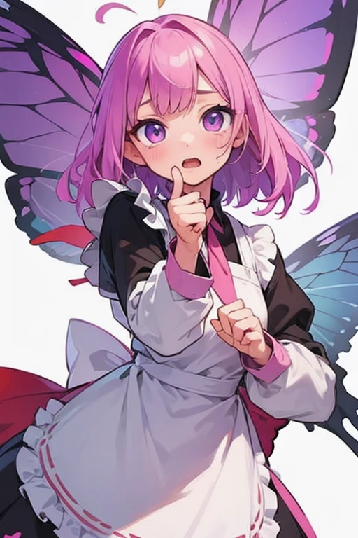 Masterpiece, best quality, expressive eyes, perfect face, 1girl, solo, apron, wings, looking at viewer, pink hair, white background, open mouth, holding, long sleeves, purple eyes, blush, butterfly wings, simple background, bangs 