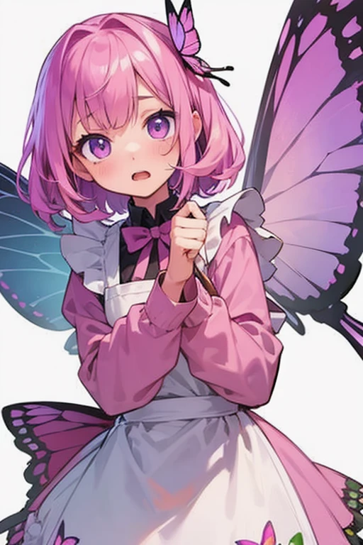 Masterpiece, best quality, expressive eyes, perfect face, 1girl, solo, apron, wings, looking at viewer, pink hair, white background, open mouth, holding, long sleeves, purple eyes, blush, butterfly wings, simple background, bangs