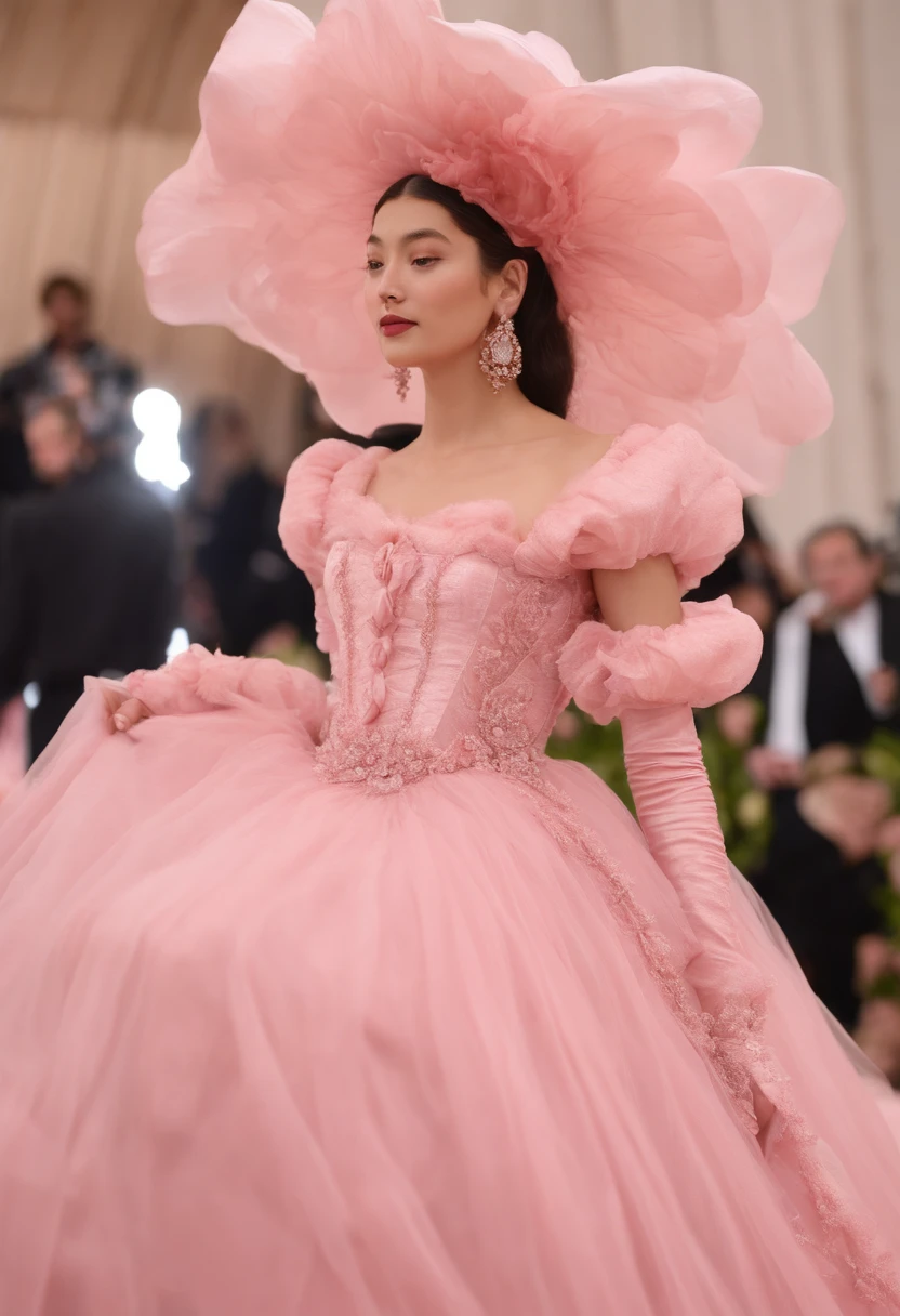 a close up of a woman in a pink dress posing for a picture in met gala 2024, a pastel inspired by Tsuruko Yamazaki, tumblr, renaissance, high quality costume, high quality theatre costume, dressed in a pink dress, beautiful costume, pink dress, costume design made with love, dressed in a flower dress, wearing a pink dress, elegant glamourous cosplay