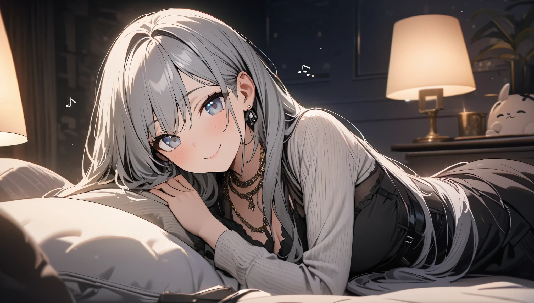 masterpiece, highest quality, Ultra-high resolution, Ultra-fine, 4K, 8k, highest quality, beautiful, Cute Woman, alone, (beautiful,Gray Hair, beautiful eyes, Long Hair, smile), Bedroom,Lie down,night,necklace, Earrings, accessories, bag, Great lighting,Excellent resolution,, Audio Notes,