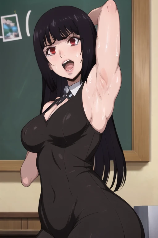 ((best quality)),((highly detailed)),masterpiece,absurdres,detailed face,beautiful face,(detailed eyes, deep eyes),1girl,((dynamic pose)), jabami yumeko, purple hair, long hair, solo, red eyes, open mouth, bow, large breasts, chalkboard, classroom, cowboy shot, school, indoors,desk, angry, looking at viewer, wearing white tanktop, put your hands behind your head, armpits, armpits visible, sweaty armpits,