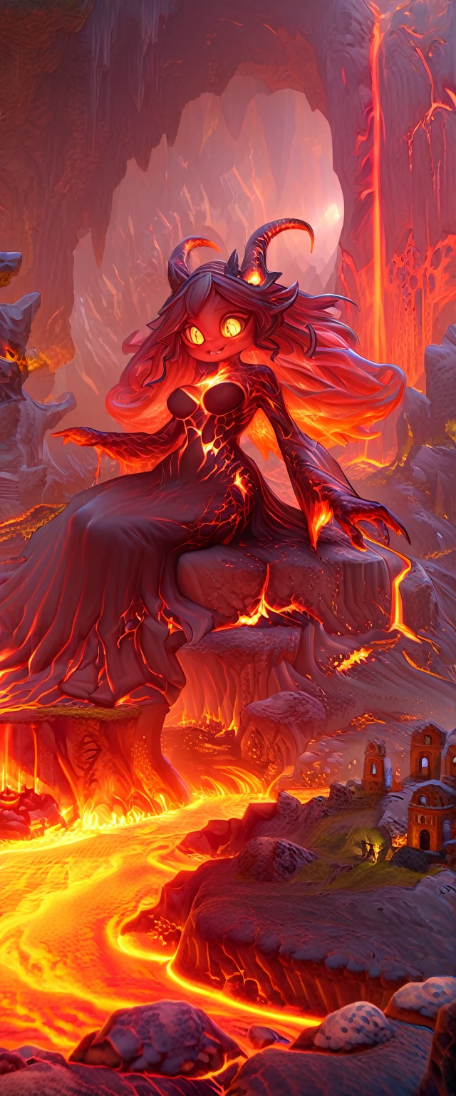 1woman\(evil,(cute:0.2),beautiful demon lady,((very huge)),(giant),long lava hair,lava skin,lava bunny suit,lava pantyhose,eye color lava,big eyes,eyes shining,big devil's smile,sharp teeth,open mouth,lava horn,dynamic pose,breast,full body,floating\),background\(dark underground lava cave,very shiny lava and lava lake everywhere,bedding plane,bulbous lava stalactite,pillar,chockstone,lava blister,lava coral,lava fall,lava rose,lava stalactite,lava tree,small houses\(Cappadocia\)\), BREAK ,quality\(8k,wallpaper of extremely detailed CG unit, ​masterpiece,hight resolution,top-quality,top-quality real texture skin,hyper realisitic,increase the resolution,RAW photos,best qualtiy,highly detailed,the wallpaper,cinematic lighting,ray trace,golden ratio,\),dynamic angle,[nsfw:2.0],full body,(from below),[nsfw:2.0],dress