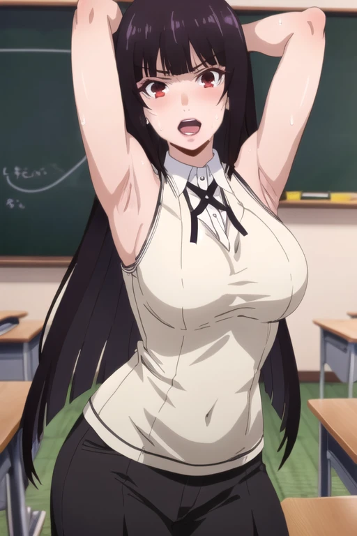 ((best quality)),((highly detailed)),masterpiece,absurdres,detailed face,beautiful face,(detailed eyes, deep eyes),1girl,((dynamic pose)), jabami yumeko, purple hair, long hair, solo, red eyes, open mouth, bow, large breasts, chalkboard, classroom, cowboy shot, school, indoors,desk, angry, looking at viewer, wearing white tanktop, put your hands behind your head, armpits, armpits visible, sweaty armpits,