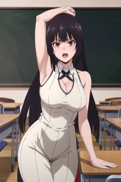 ((best quality)),((highly detailed)),masterpiece,absurdres,detailed face,beautiful face,(detailed eyes, deep eyes),1girl,((dynamic pose)), jabami yumeko, purple hair, long hair, solo, red eyes, open mouth, bow, large breasts, chalkboard, classroom, cowboy shot, school, indoors,desk, angry, looking at viewer, wearing white tanktop, put your hands behind your head, armpits, armpits visible, sweaty armpits,