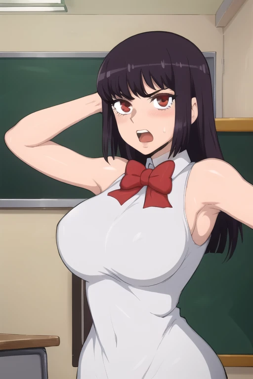 ((best quality)),((highly detailed)),masterpiece,absurdres,detailed face,beautiful face,(detailed eyes, deep eyes),1girl,((dynamic pose)), sana, purple hair, long hair, solo, red eyes, , open mouth, bow, large breasts, chalkboard, classroom, cowboy shot, school, indoors,desk, angry, looking at viewer, wearing white tanktop, put your hands behind your head, armpits, armpits visible, sweaty armpits,