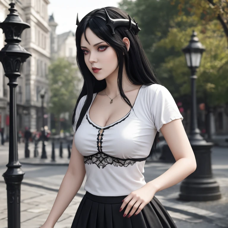 masterpiece, gothic aesthetic, dream atmosphere, ultra realistic, 16k, best quality, absurdres, perfect anatomy, 1girl, goth brunette, voluminous silky hair, goth makeup, perfect eyes (intense look), pale-white skin (highlighted), realistic shading, solo, Caera, red eyes, t-shirt, black mini skirt, tights (realistic textures), pretty seductive, upper body, beautiful girl, happy, lamp, outdoors, street, lamppost, blurred background, cinematic, Photorealistic.