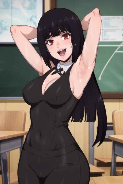 ((best quality)),((highly detailed)),masterpiece,absurdres,detailed face,beautiful face,(detailed eyes, deep eyes),1girl,((dynamic pose)), jabami yumeko, purple hair, long hair, solo, red eyes, open mouth, bow, large breasts, chalkboard, classroom, cowboy shot, school, indoors,desk, seductive smile, looking at viewer, wearing white tanktop, put your hands behind your head, armpits, armpits visible, sweaty armpits,