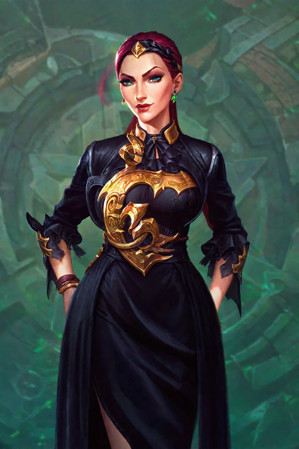 better aesthetics, lolsplashart, katarina, looking at viewer, wearring a black dress