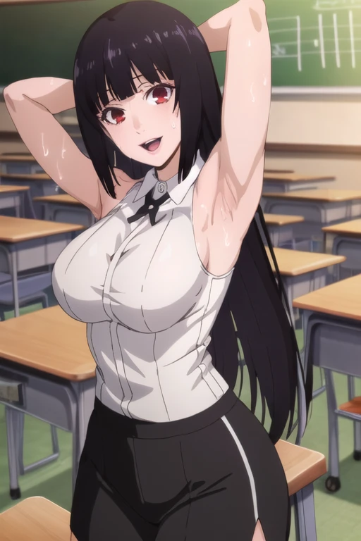 ((best quality)),((highly detailed)),masterpiece,absurdres,detailed face,beautiful face,(detailed eyes, deep eyes),1girl,((dynamic pose)), jabami yumeko, purple hair, long hair, solo, red eyes, open mouth, bow, large breasts, chalkboard, classroom, cowboy shot, school, indoors,desk, seductive smile, looking at viewer, wearing white tanktop, put your hands behind your head, armpits, armpits visible, sweaty armpits,
