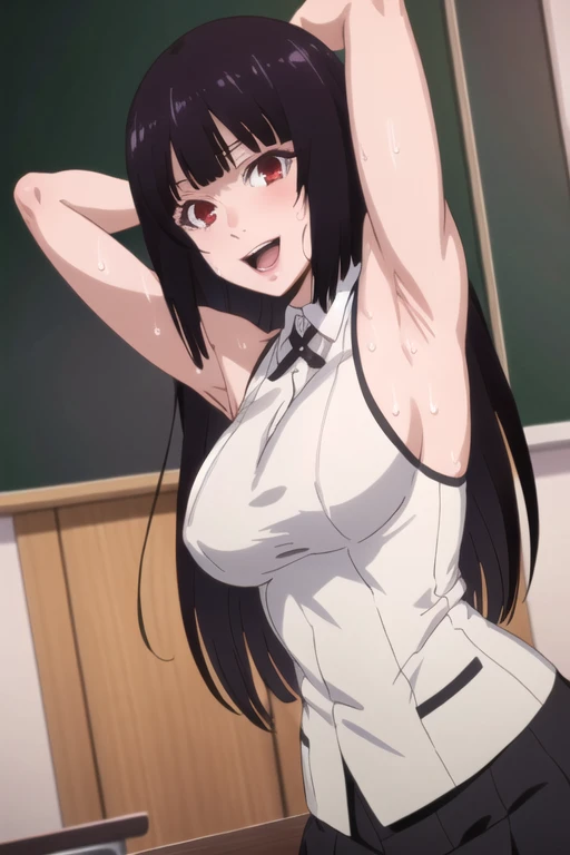 ((best quality)),((highly detailed)),masterpiece,absurdres,detailed face,beautiful face,(detailed eyes, deep eyes),1girl,((dynamic pose)), jabami yumeko, purple hair, long hair, solo, red eyes, open mouth, bow, large breasts, chalkboard, classroom, cowboy shot, school, indoors,desk, seductive smile, looking at viewer, wearing white tanktop, put your hands behind your head, armpits, armpits visible, sweaty armpits,