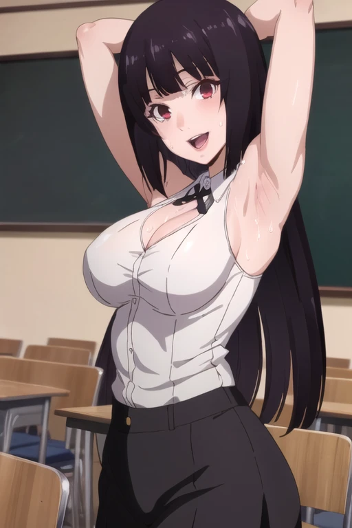 ((best quality)),((highly detailed)),masterpiece,absurdres,detailed face,beautiful face,(detailed eyes, deep eyes),1girl,((dynamic pose)), jabami yumeko, purple hair, long hair, solo, red eyes, open mouth, bow, large breasts, chalkboard, classroom, cowboy shot, school, indoors,desk, seductive smile, looking at viewer, wearing white tanktop, put your hands behind your head, armpits, armpits visible, sweaty armpits,