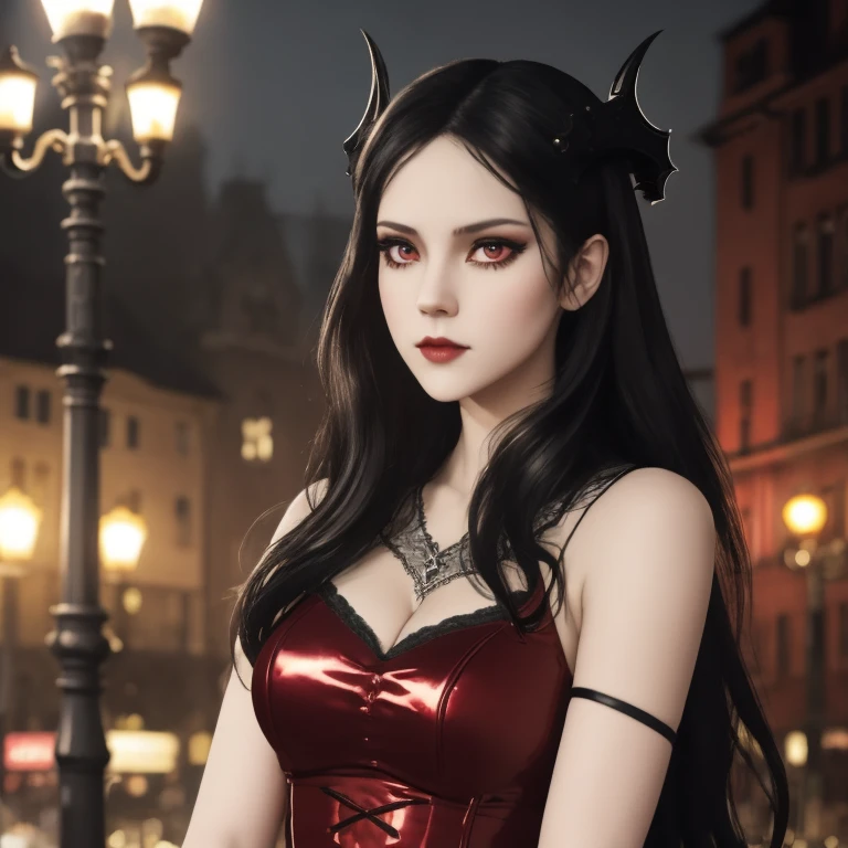 masterpiece, gothic aesthetic, dream atmosphere, ultra realistic, 16k, best quality, absurdres, perfect anatomy, 1girl, goth brunette, voluminous silky hair, goth makeup, perfect eyes (intense look), pale-white skin (highlighted), realistic shading, solo, Caera, red eyes, t-shirt, black mini skirt, tights (realistic textures), pretty seductive, upper body, beautiful girl, happy, lamp, outdoors, street, lamppost, blurred background, cinematic, Photorealistic.