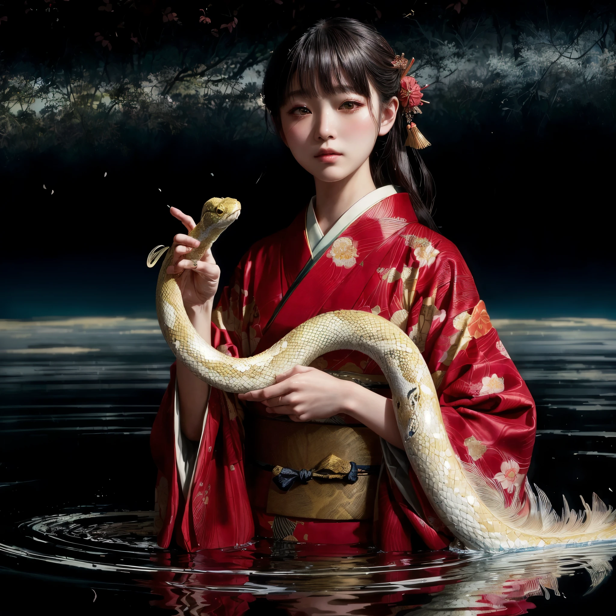 A woman in a kimono is holding a snake in the water, chie yoshii, inspired by Kanō Naizen, Japanese Pop Surrealism, inspired by Tsukioka Yoshitoshi, takato yomamoto. 4k yen, masami kurumada, Japanese Pop Surrealism, Japanese Fantasy, by Kanō Naizen, eiko ishioka