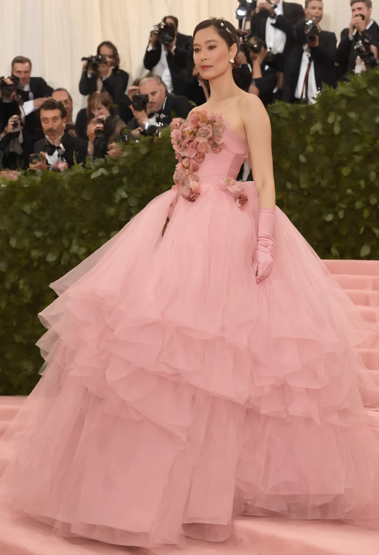 a close up of a woman in a pink dress posing for a picture in met gala 2024, a pastel inspired by Tsuruko Yamazaki, tumblr, renaissance, high quality costume, high quality theatre costume, dressed in a pink dress, beautiful costume, pink dress, costume design made with love, dressed in a flower dress, wearing a pink dress, elegant glamourous cosplay
