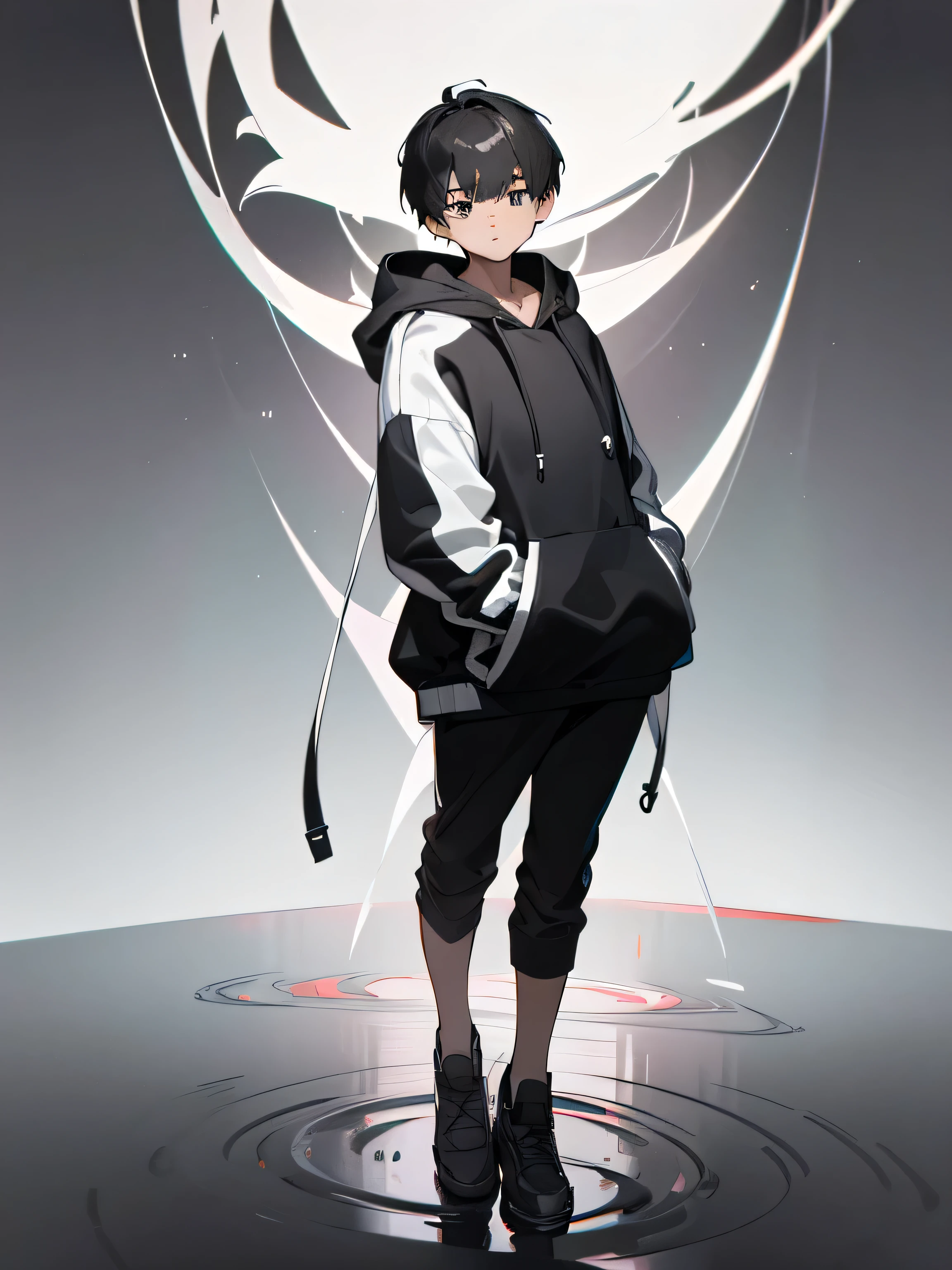 (8k, highest quality, masterpiece:1.2), One boy, (((alone))),(((whole body))), (((Half black and white hoodie))), (((from the front))), (((Stand up straight)))